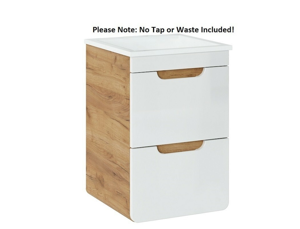 image 1 of Small Bathroom Vanity with Sink Wall Hung Unit 400mm Cloakroom Cabinet with Drawers White Gloss Oak Aruba
