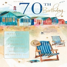Words 'n' Wishes Male 70th Birthday Card, A Milestone to Celebrate, Deck Chairs on Beach, Foil Finish, for Him