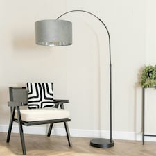 ValueLights Louis Black Arched Floor Lamp with Grey Velvet and Metallic Chrome Inner Shade