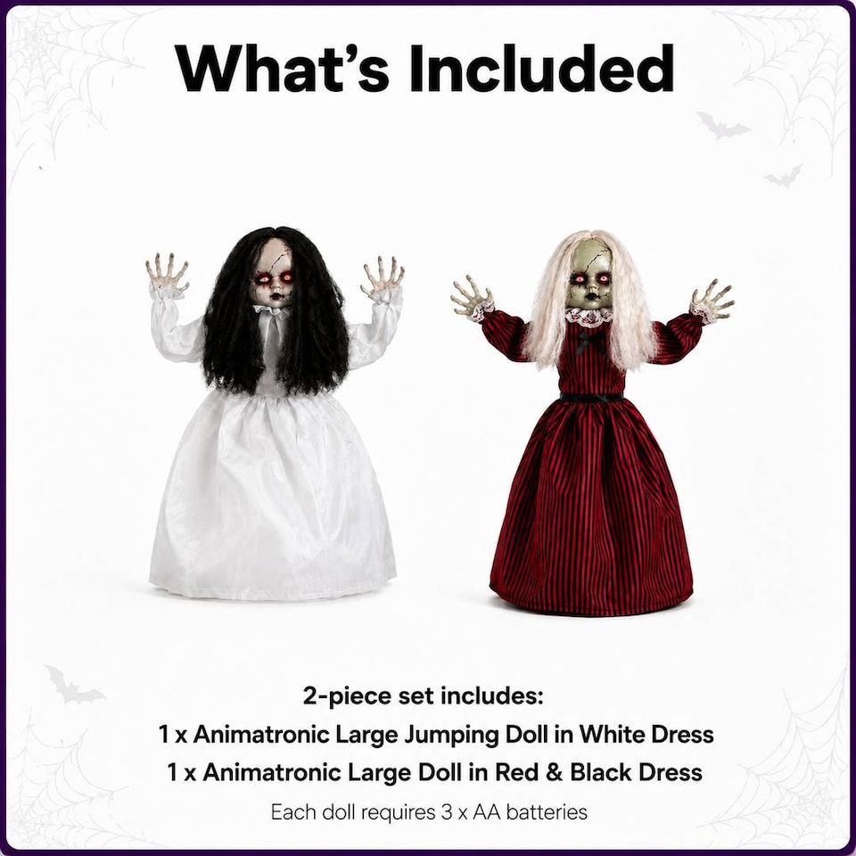 image 1 of Adult Halloween Animated Jumping & Walking Dolls Spooky Party Decoration Prop Pair Set of 2