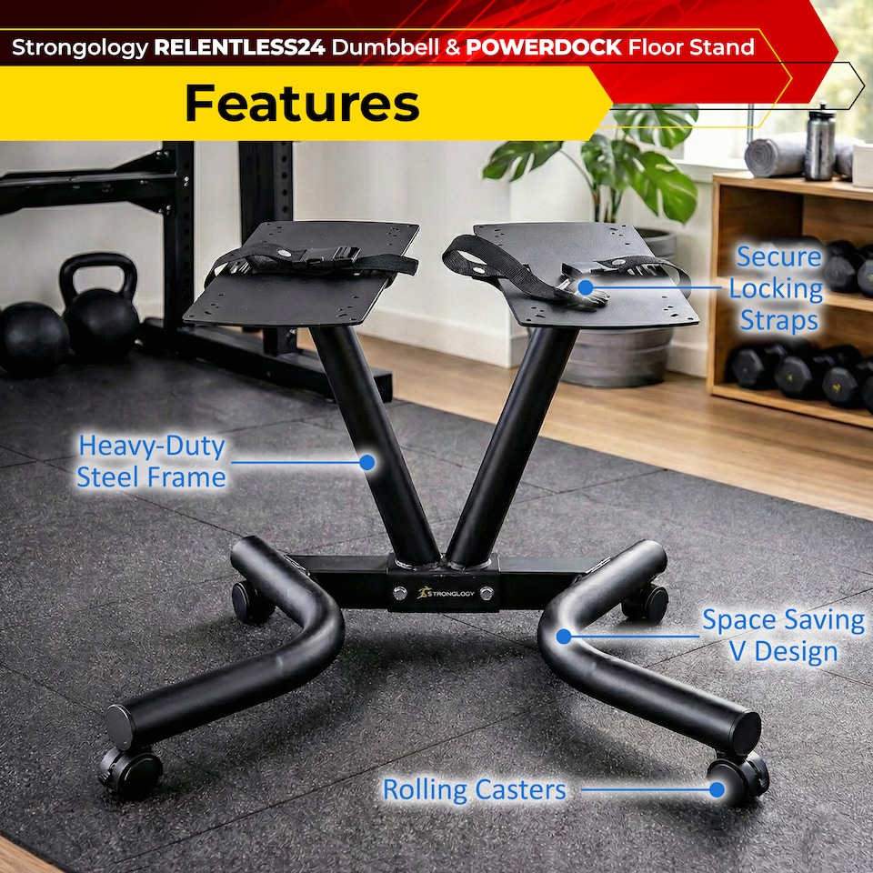 image 1 of Strongology RELENTLESS24 Adjustable Dumbbell Pair (2.5-24kg) and POWERDOCK Stand 15-in-1 Quick-Select Weights Home Gym Bundle