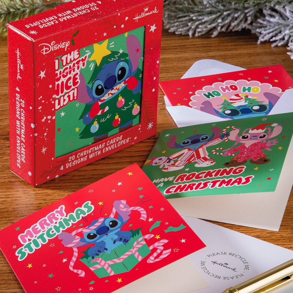 image 1 of Hallmark Pack Of 20 Kids' Christmas Cards - 4 Fun Disney Lilo and Stitch Designs