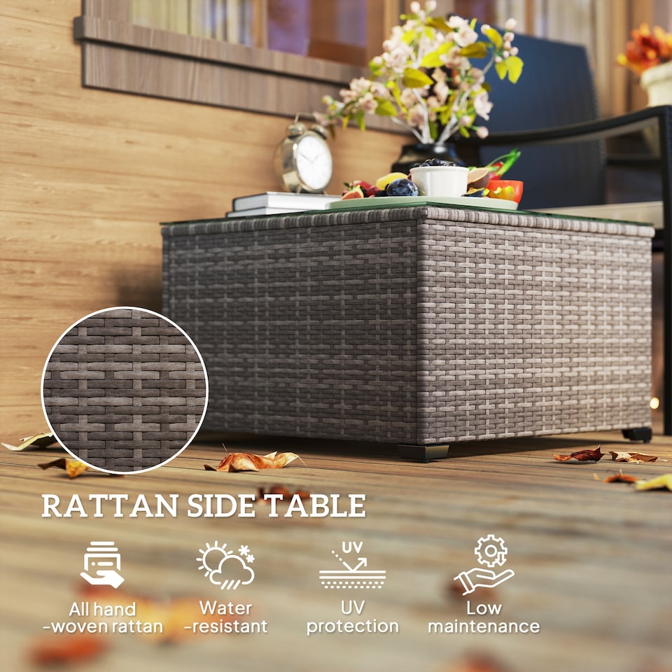 image 1 of Outsunny Outdoor Coffee Table with Glass Top, Rattan Side Table, Dark Grey