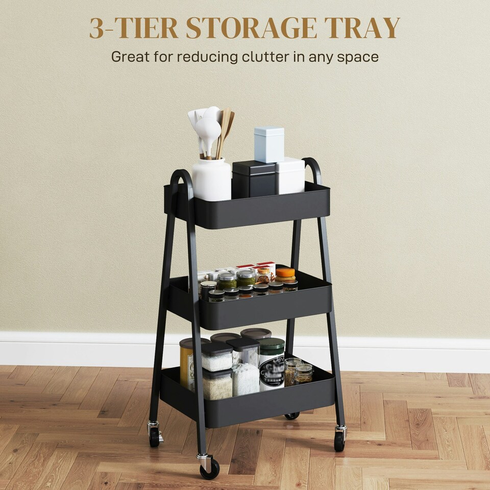image 1 of HOMCOM 3-Tier Rolling Utility Cart Kitchen Storage Trolley on Wheels Black