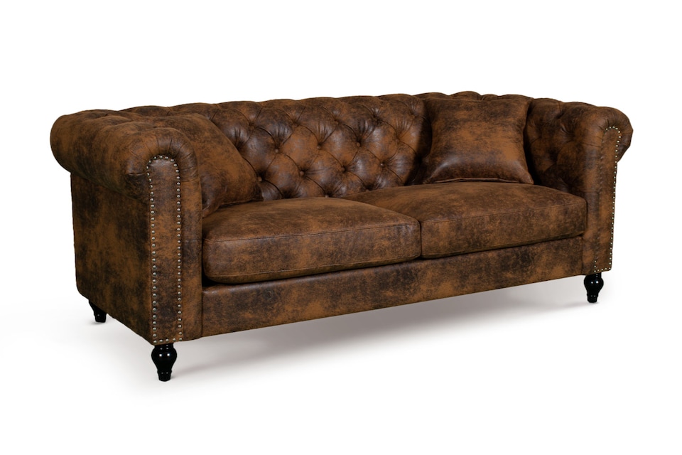 image 1 of Faux Leather Suede Brown 3 Seater Chesterfield Sofa With Wooden Feet CAMDEN