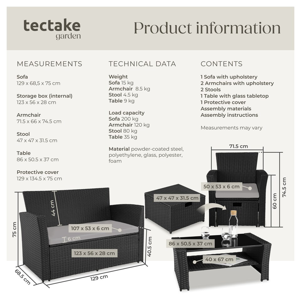 image 1 of Garden Furniture Set Modena- sofa with storage, armchairs, stools, coffee table | Black | black/grey | 129 x 68,50 x 75 cm | 1