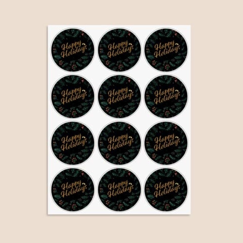 image 1 of Christmas Happy Holidays Black Round Stickers 60mm - Sheet of 12