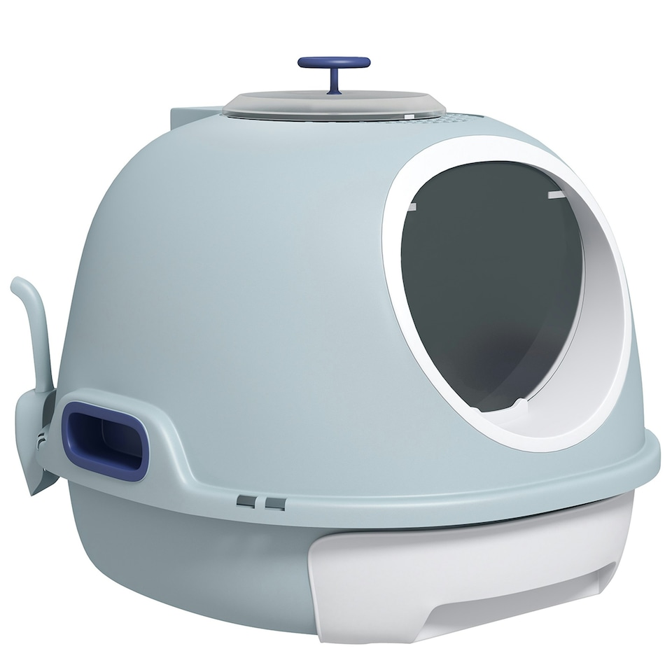 image 1 of PawHut Futuristic Capsule-Shaped Cat Litter Box w/ 2 Doors Scoop Drawer Blue