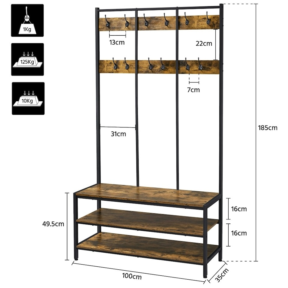 image 1 of Yaheetech Industrial Hallway Rack with Bench & Shoe Storage Brown | Rustic Brown | One Size