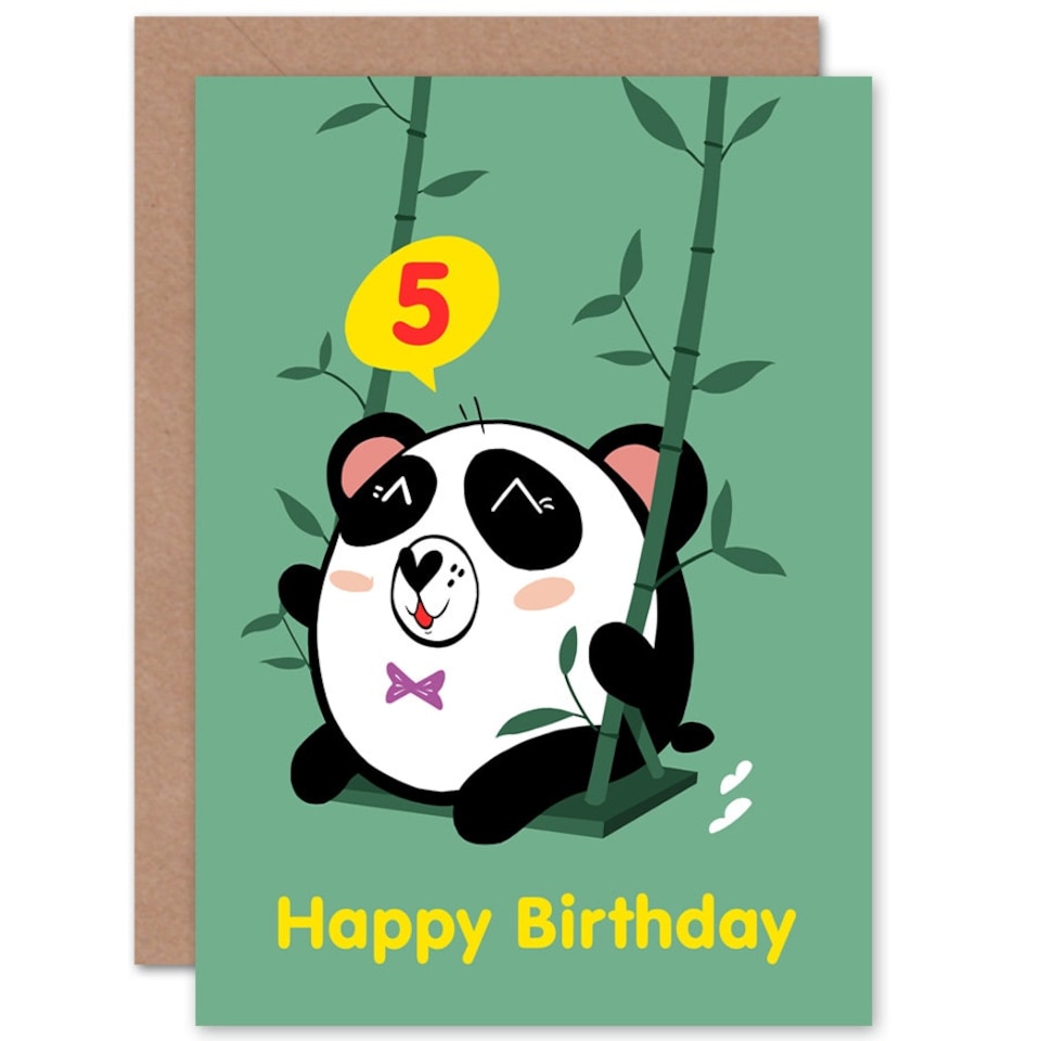 image 1 of Kawaii Swing Panda 5 Year Old Child Kids 5th Birthday Card