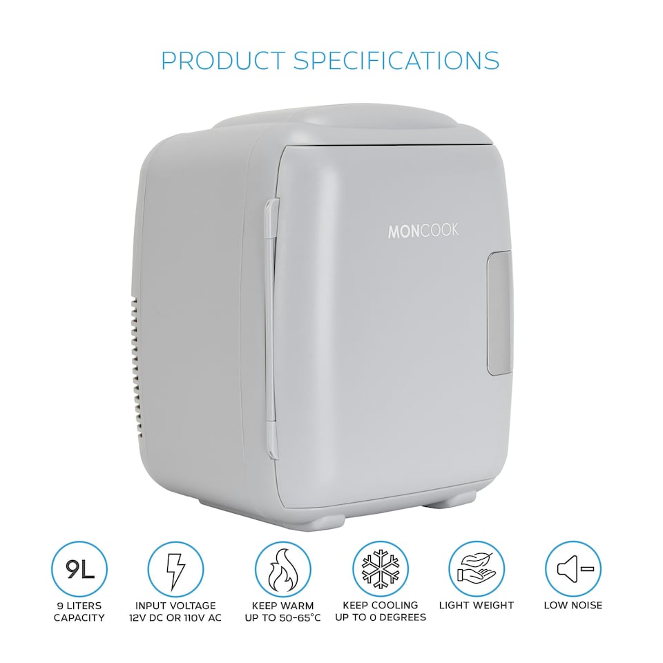 image 1 of MONCOOK Mini Fridge For Bedrooms - Small, Portable & Quiet Mini Fridges For Skincare, Medicine, Food & Drinks - Cooling & Warming Function - 9L - Grey Mono