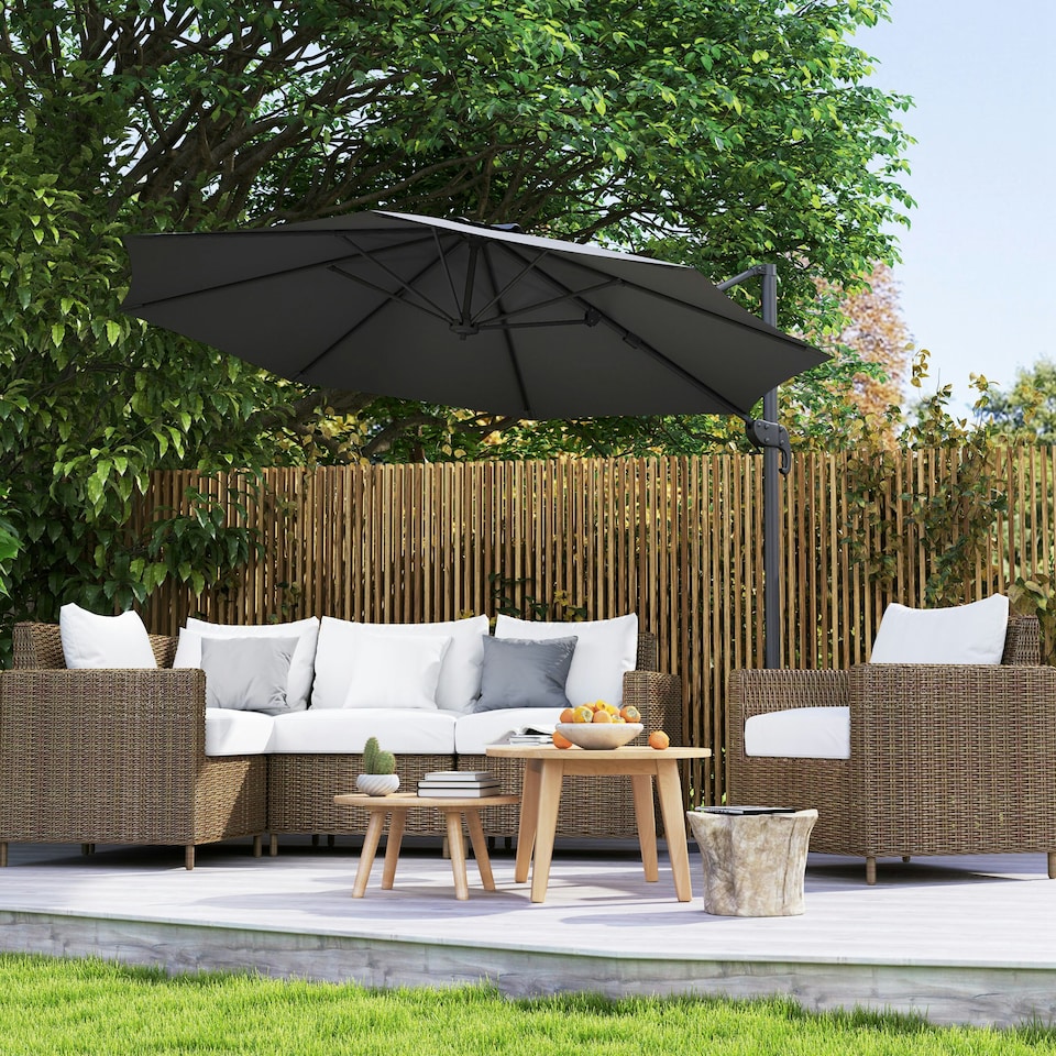 image 1 of Outsunny 3 x 3(m) Cantilever Parasol Garden Umbrella with Base Light Grey Black | Black