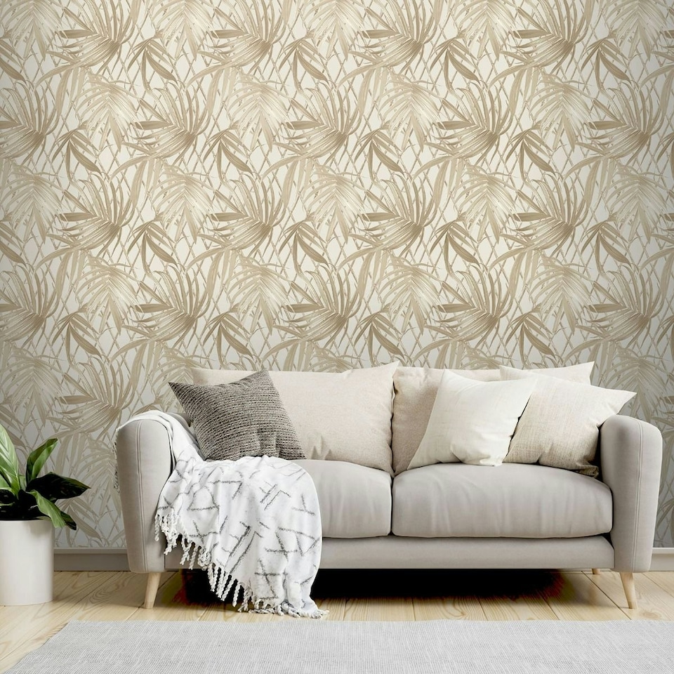 image 1 of Rasch Paradise Palm Leaf Heavyweight Vinyl Textured Wallpaper - Gold/Cream - 10m x 53cm Gold