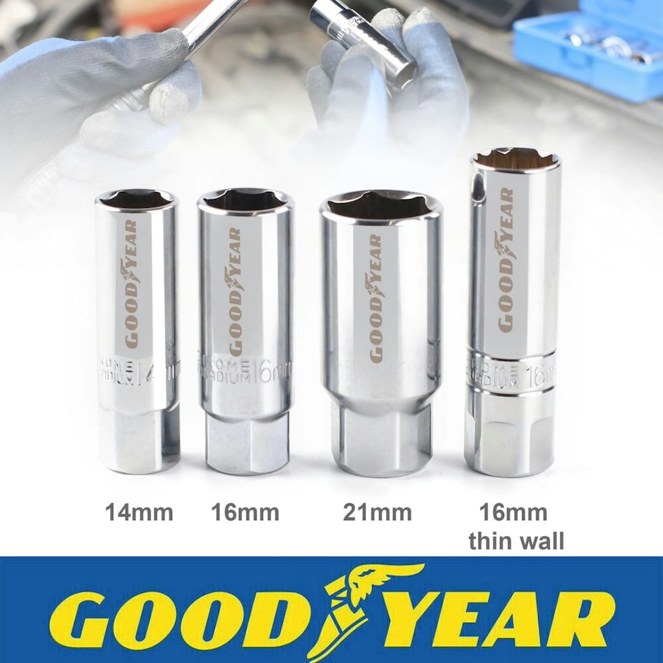 image 1 of Goodyear 4pc Spark Plug Socket Set With Rubber Plug Retention External Hex
