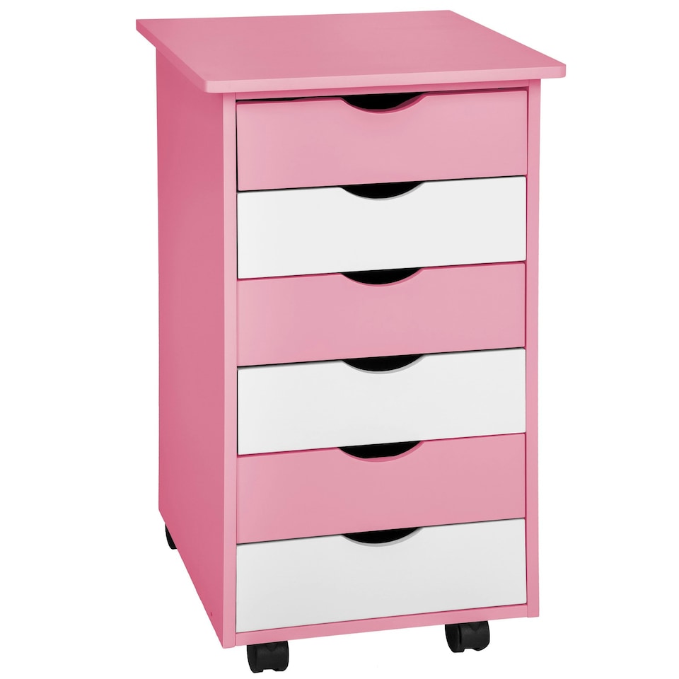 image 1 of Chest of Drawers - with 6 drawers, made of wood, with 4 wheels, 36 x 40 x 65 cm Pink