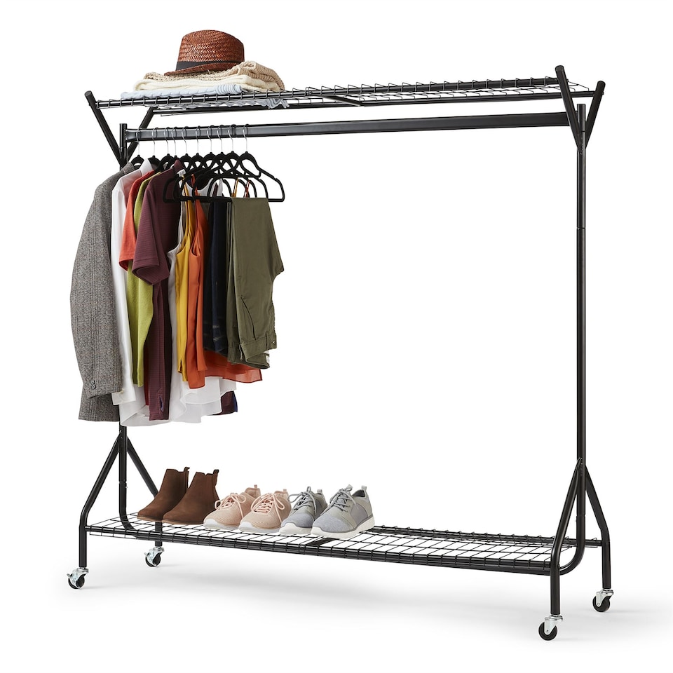 image 1 of House of Home Clothing Rail Heavy Duty Hanging Clothes Shoe Hat Rack Shelves With Wheels 5ft x 5ft | Black