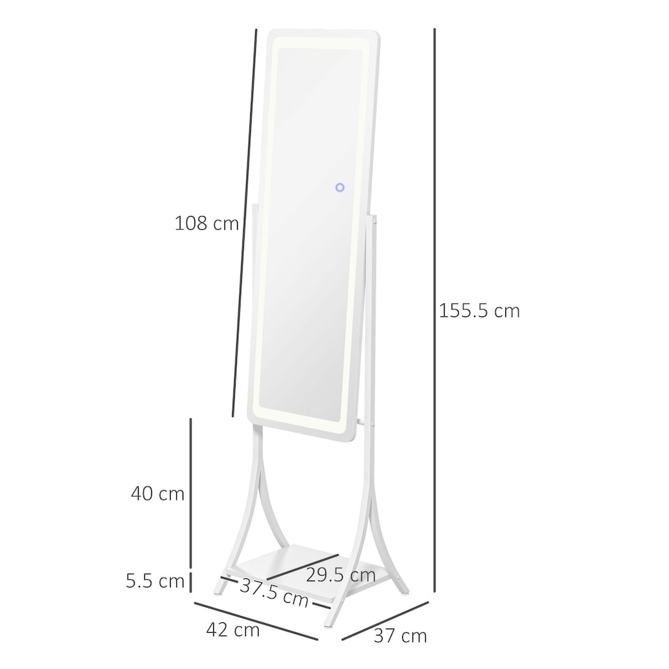 image 1 of HOMCOM LED Lighted Full Length Mirror, Floor Standing Mirror with Storage Shelf