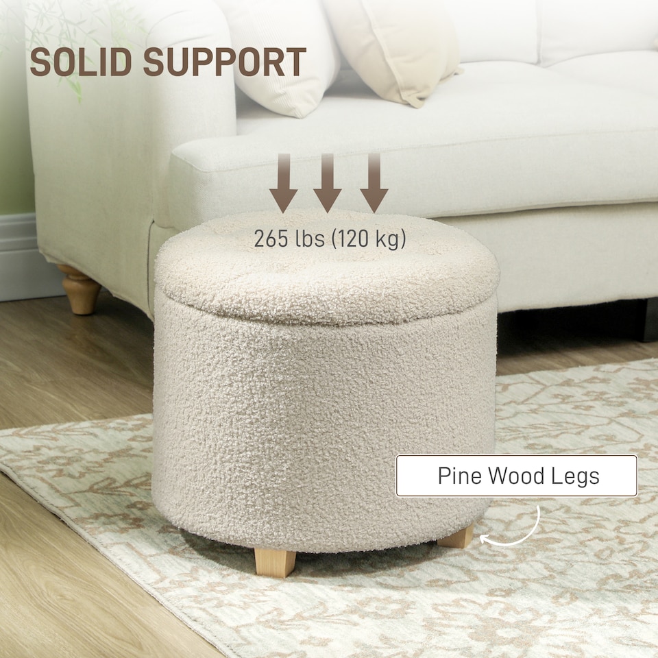 image 1 of HOMCOM 45cm Round Storage Ottoman, Teddy Fleece Footstool with Removable Lid and Wood Legs, Button Tufted Vanity Stool for Living Room Bedroom Hallway, Cream White | Cream