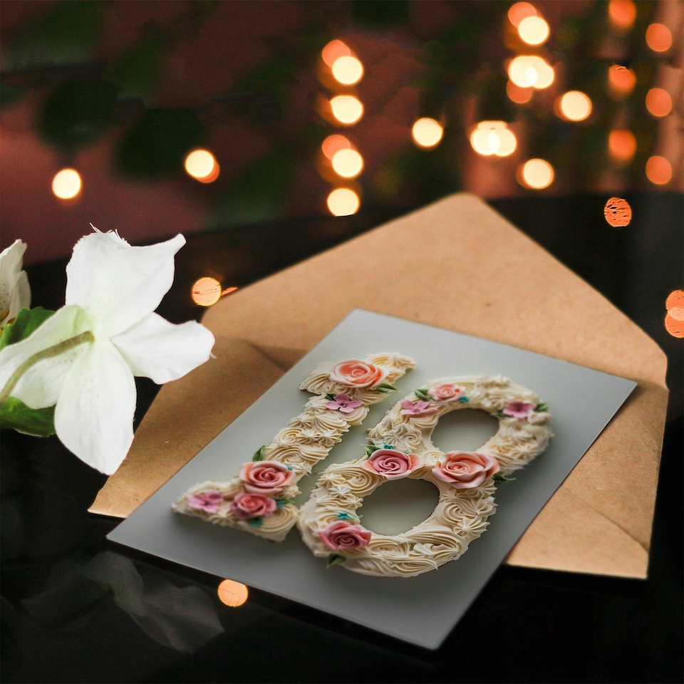 image 1 of Fancy Floral Number Cake 18 Eighteen Woman Her Birthday Card