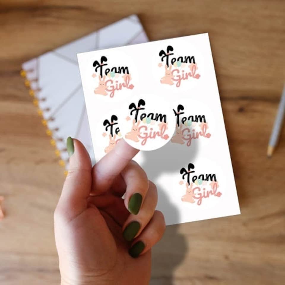 image 1 of Team Girl Bunny Gender Reveal Round Stickers 88mm - Sheet of 6