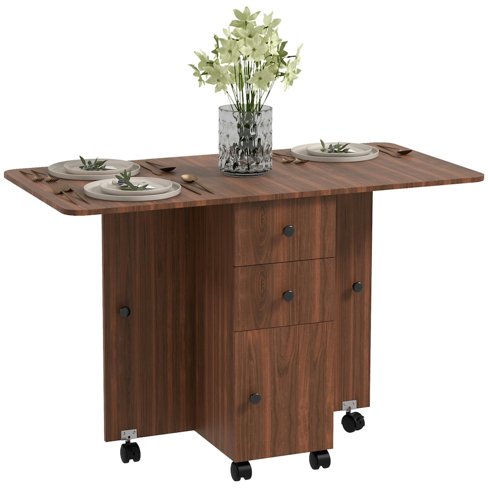 image 1 of HOMCOM Folding Dining Table, Drop Leaf Table With Drawers Distressed Brown