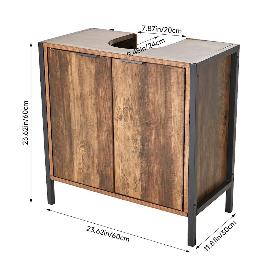 image 1 of Living and Home Double Door U-Shaped Under Sink Cabinet - Walnut Brown 60x30x60cm Brown