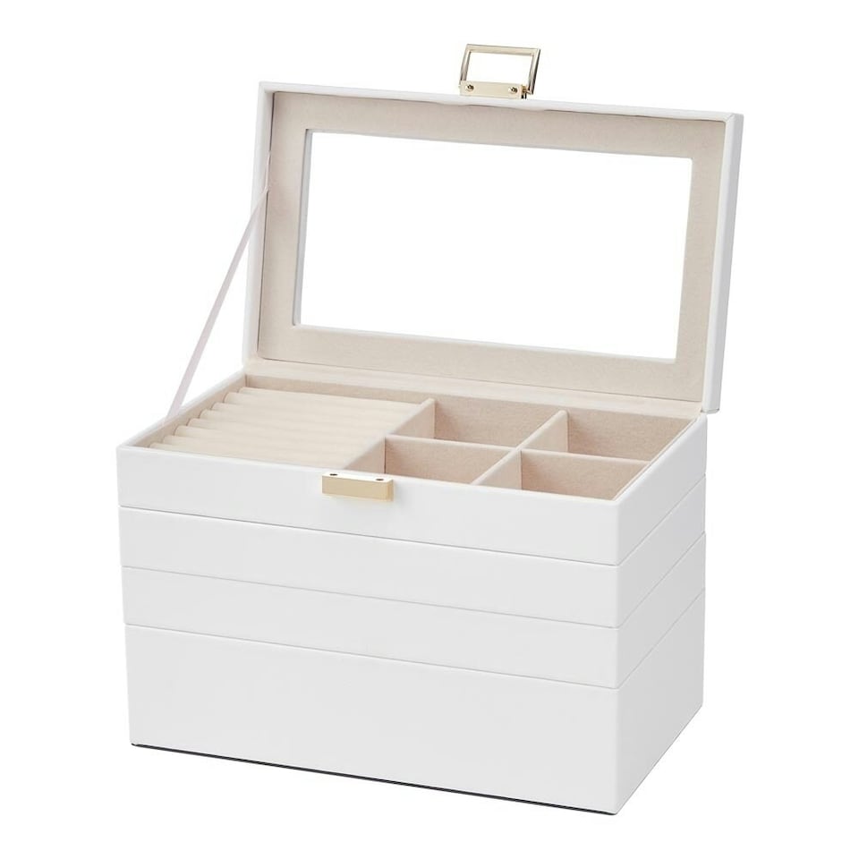 image 1 of Living and Home 4-Tier Jewellery Storage Box with Transparent Lid - White