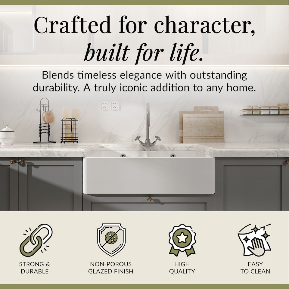 image 1 of Fireclay Double Bowl Full Weir Butler Sink Overflow Tap Hole 795mm | White | White | 500 x 795 x 220mm | 1