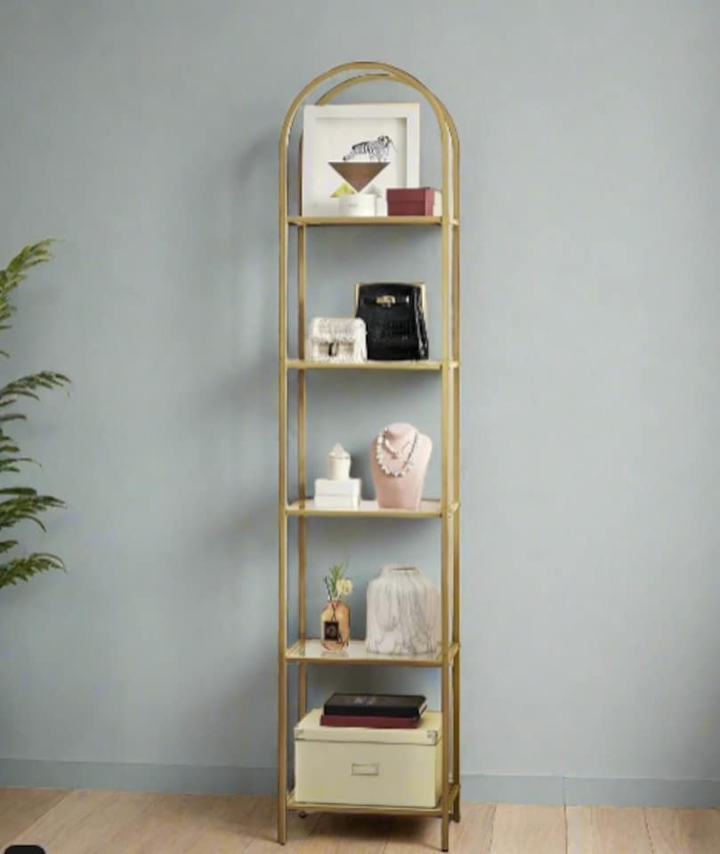 image 1 of 5-Tier Tempered Glass Shelf Unit, Arched Display Rack, Metallic Gold Frame 183.5 cm