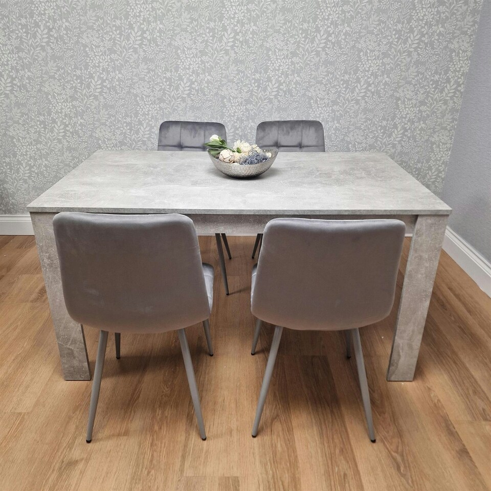 image 1 of Dining Table with 4 Grey Velvet Chairs Stone Grey Effect Wood Table Set for Dining Room Grey