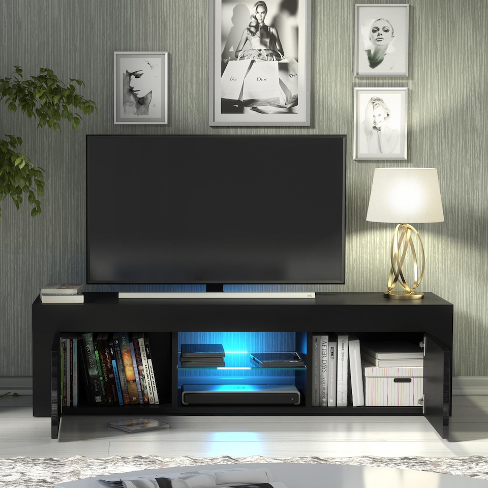 image 1 of TV Unit TV Stand Cabinet Sideboard Black High Gloss Doors Free LED 130cm
