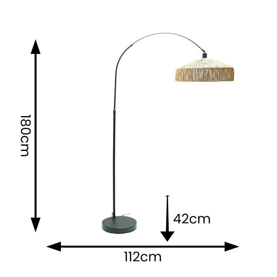 image 1 of ValueLights Louis Black Arched Curved Floor Lamp with Natural Rope Pendant Lamp Shade and LED Bulb