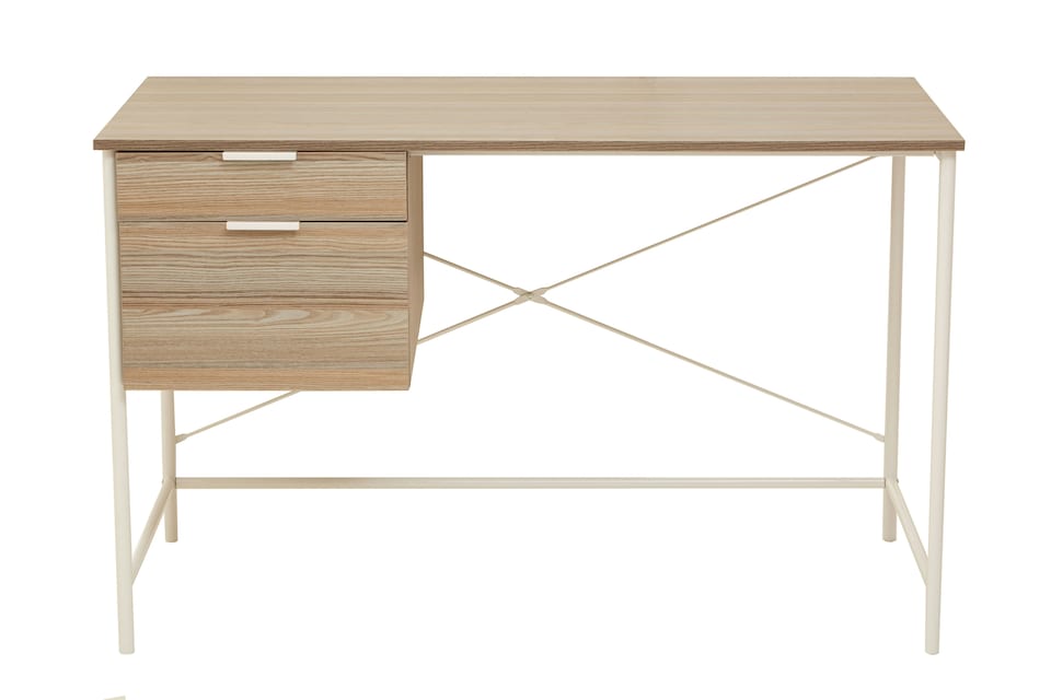 image 1 of Light Oak Veneer Desk With Drawers,Modern Office Desk With White Metal Frame For Organization,Storage Desk | Brown