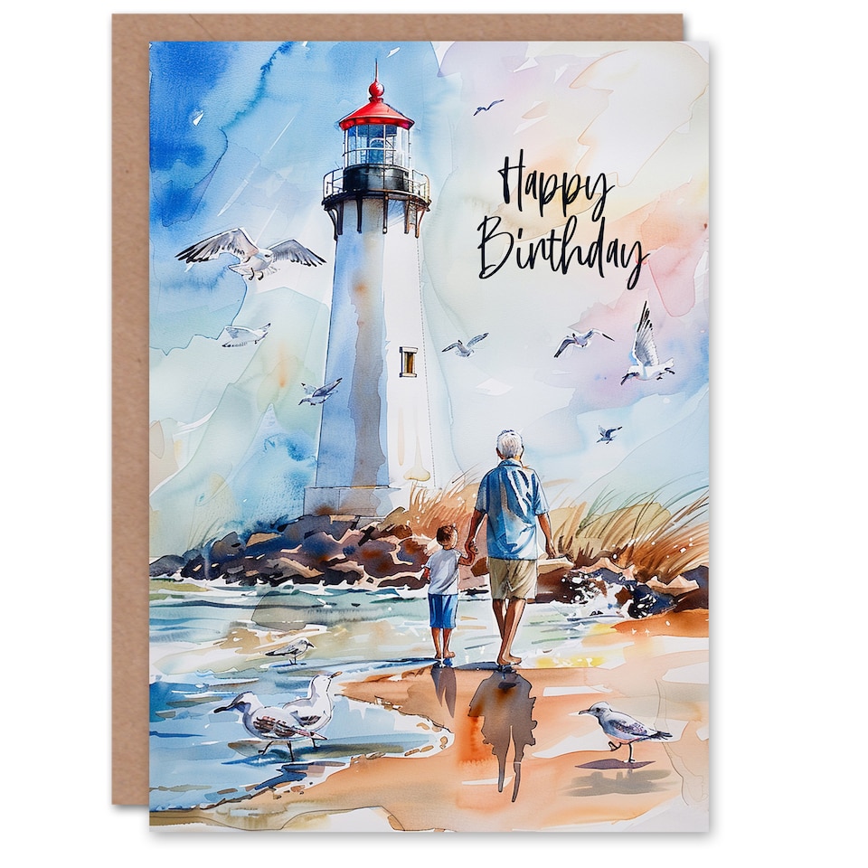 image 1 of Lighthouse Seagulls Beach Walk With Grandad Birthday Card