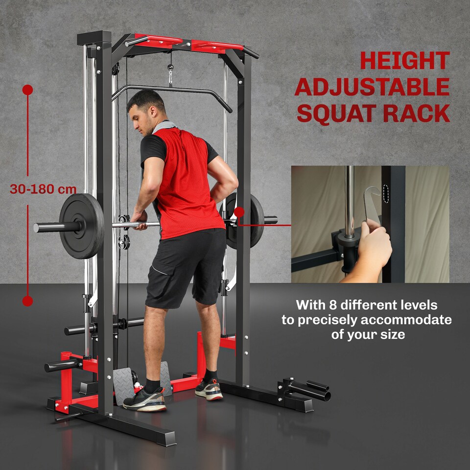 image 1 of SPORTNOW Multi-Function Power Rack, Cable Crossover Machine with Pull Up Bar, Lat Pull Down System, Squat Rack, Barbell Bar, Landmine, Plate Storage Posts, for Home Gym Workout