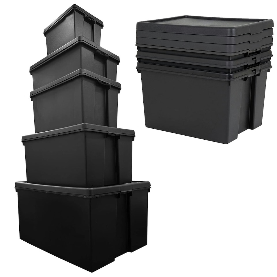 image 1 of 1 x 45L Extra Large Super Strong Black Impact Resistant Heavy Duty Plastic Storage Container With Lid Black
