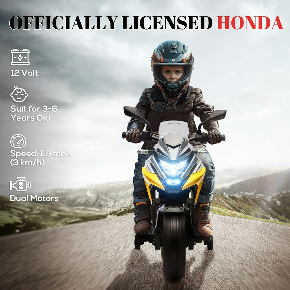 image 1 of AIYAPLAY Honda Licensed 12V Kids Electric Bike w/ Music, Headlights - Yellow