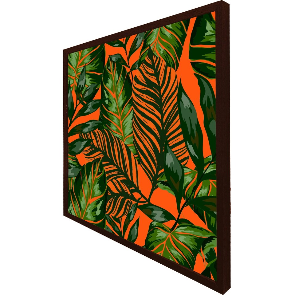 image 1 of Green tropical leaves on orange (Picutre Frame) White | XS