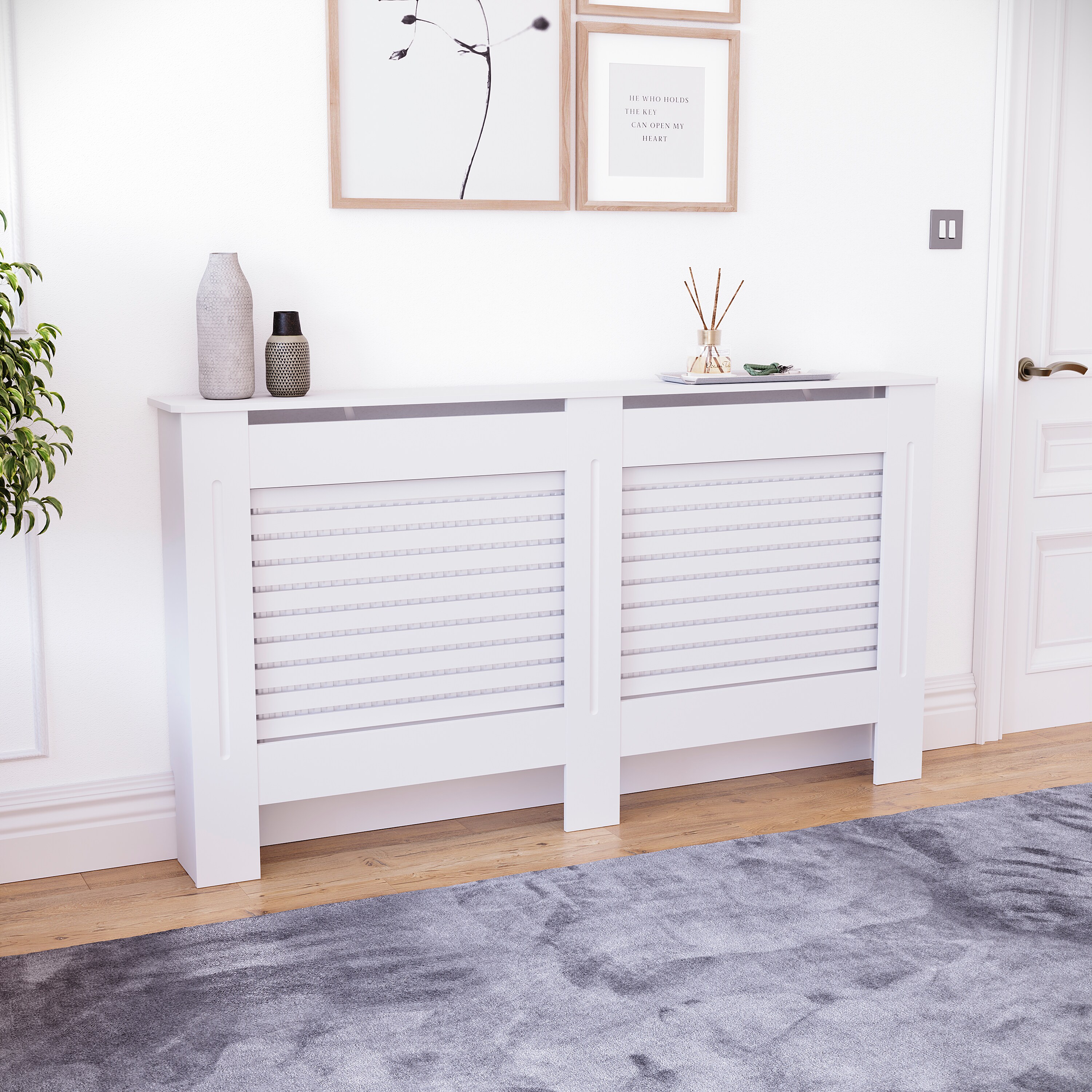 Vida Designs Milton Radiator Cover Painted MDF Slatted Cabinet, White, 152cm