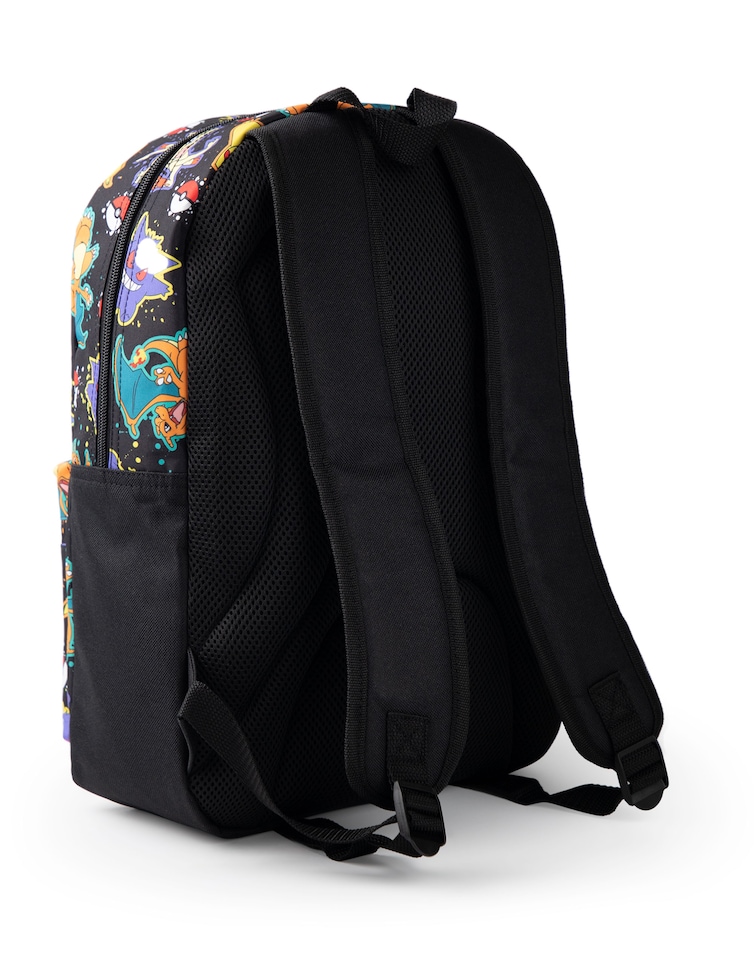 image 1 of Pokemon Pikachu Charizard Gengar Meowth Backpack in Black - Kids Character All Over Print Bag - Adjustable Shoulder Straps, Front Pocket & Mesh Holder | Black | Black