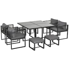Outsunny 9 Pieces Garden Dining Set with Cushion, 8 Seater Garden Table and Chairs Cube Set with Glass Top Dining Table, 4 Chairs and 4 Footstools, Grey