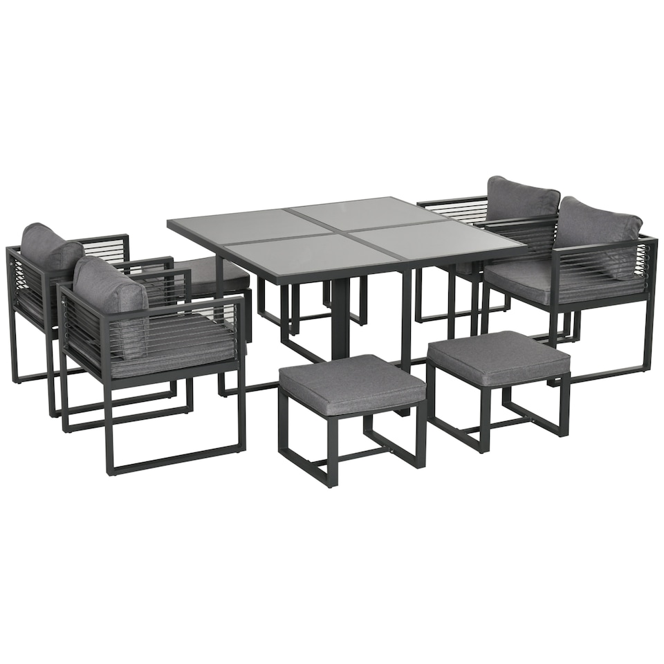image 1 of Outsunny 9 Pieces Garden Dining Set with Cushion, 8 Seater Garden Table and Chairs Cube Set with Glass Top Dining Table, 4 Chairs and 4 Footstools, Grey