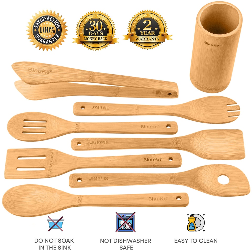 image 1 of BlauKe Wooden Kitchen Utensils Set of 8 - Non-Stick Bamboo Cooking Utensils - Wooden Spatulas, Wooden Spoons, Tong, Utensil Holder
