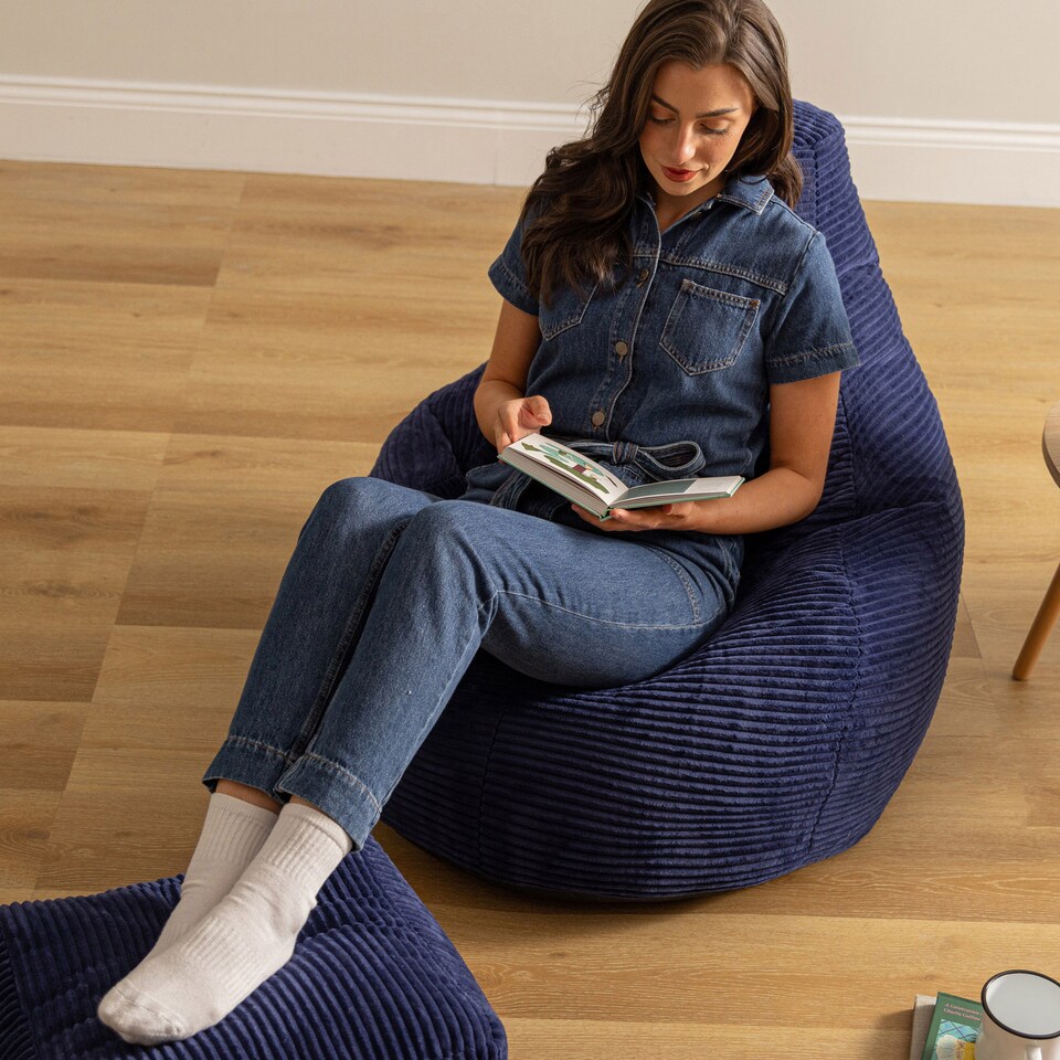 image 1 of Dalton Cord Adults Bean Bag Recliner and Pouffe, Ready Filled Beanbag and Footstool Navy Blue | Blue | Navy Blue | 1