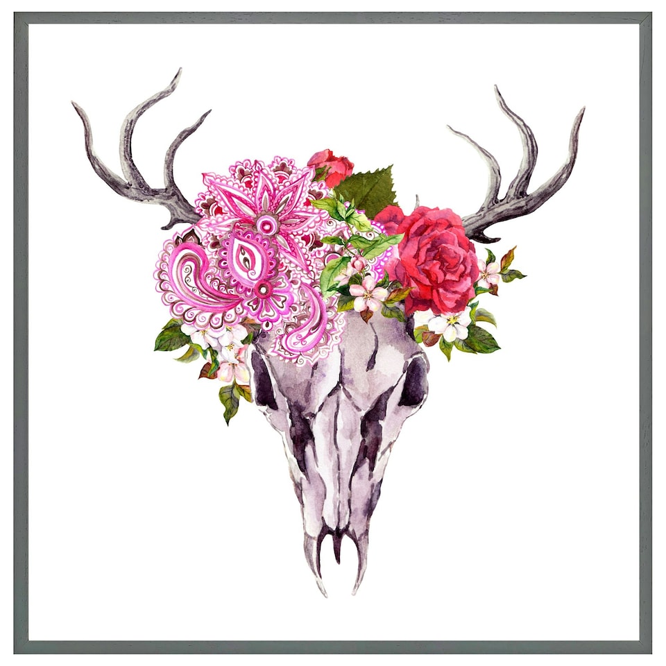 image 1 of Deer animal skull with flowers and feathers (Picutre Frame) Brown | Oak | S