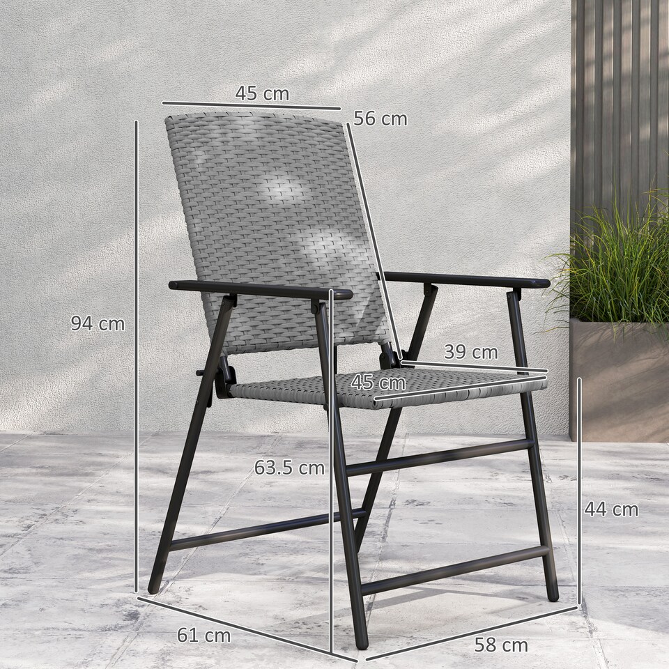 image 1 of Outsunny Folding Garden Chairs Set of 2, PE Rattan Garden Dining Chairs with Armrests, High Back and Steel Frame, Weather Resistant Outdoor Dining Furniture for Patio, Balcony, Grey