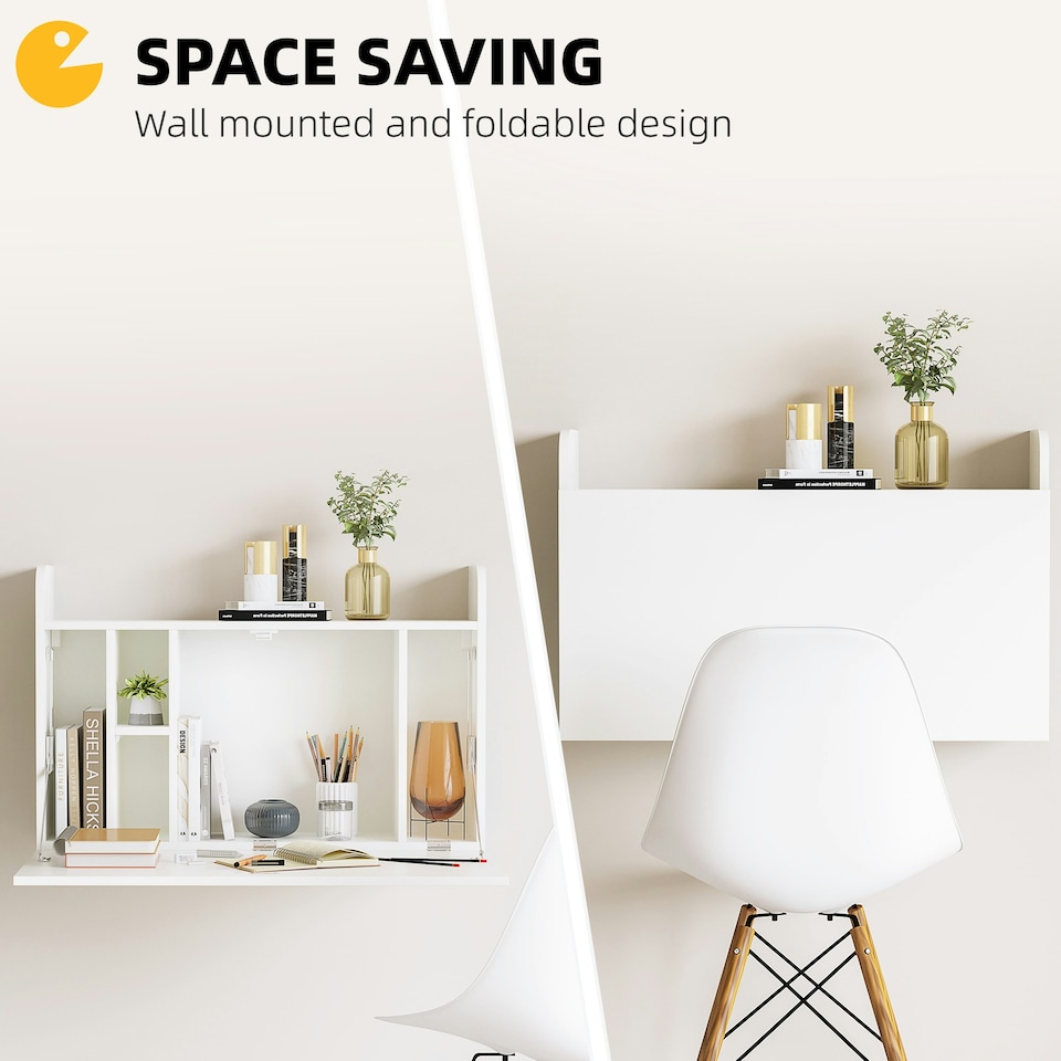 image 1 of HOMCOM Wall Mounted Table w/ Space Saving Storage Compartments for Home Office