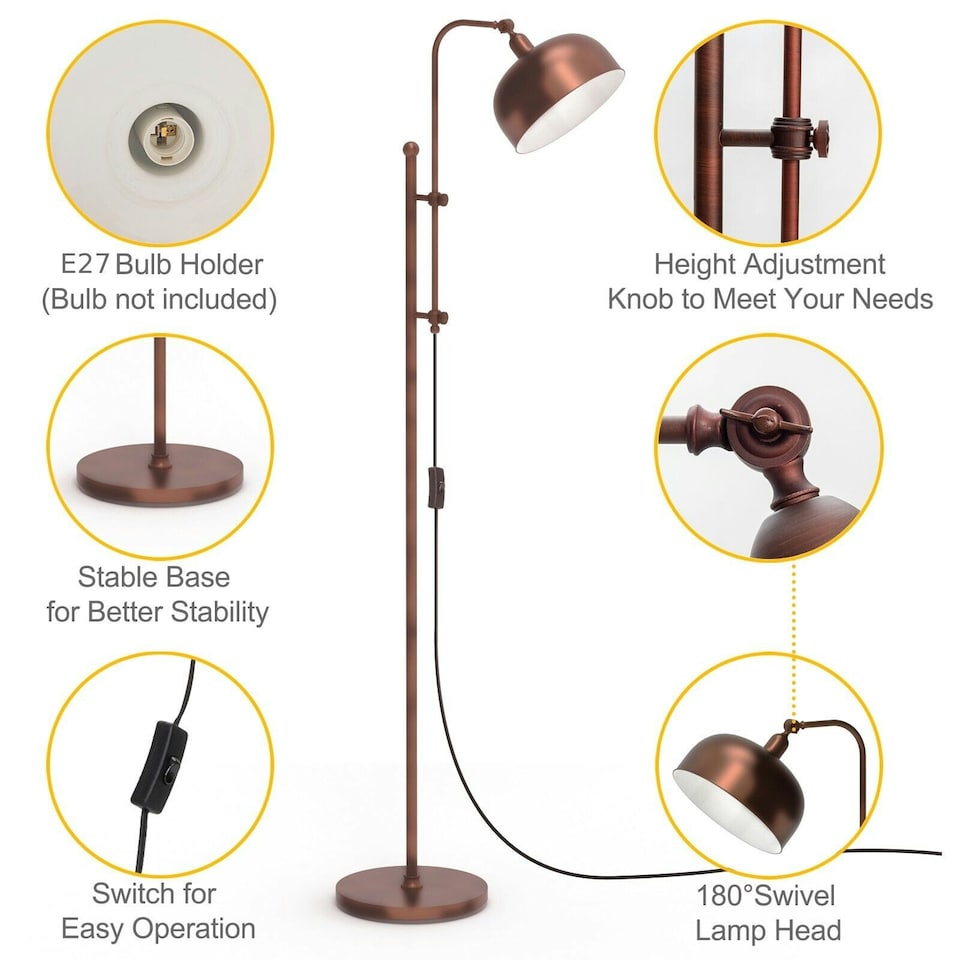 image 1 of COSTWAY Industrial Floor Lamp Metal Free-standing Light Bronze