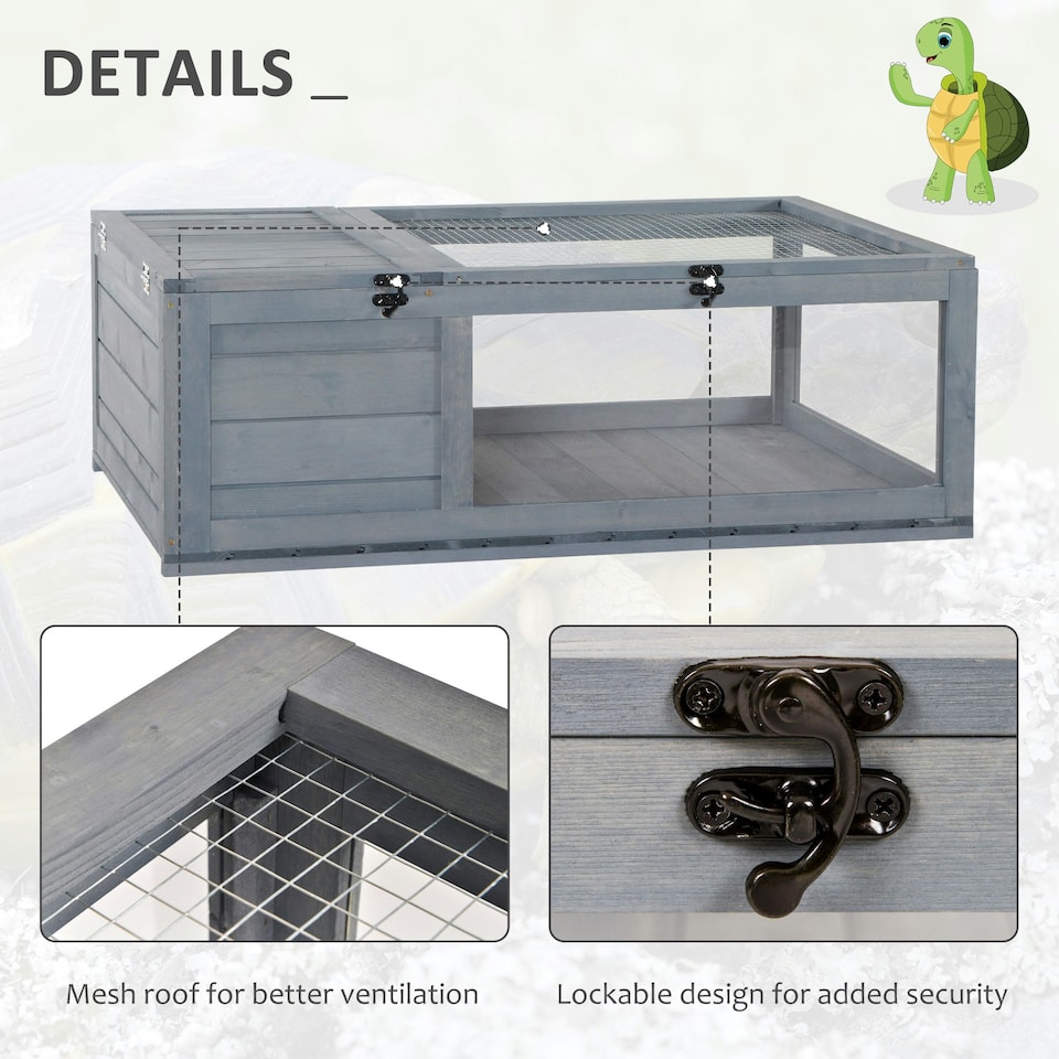 image 1 of PawHut Tortoise House w/ Mesh Roof, Small Pet Reptile Wooden House - Grey