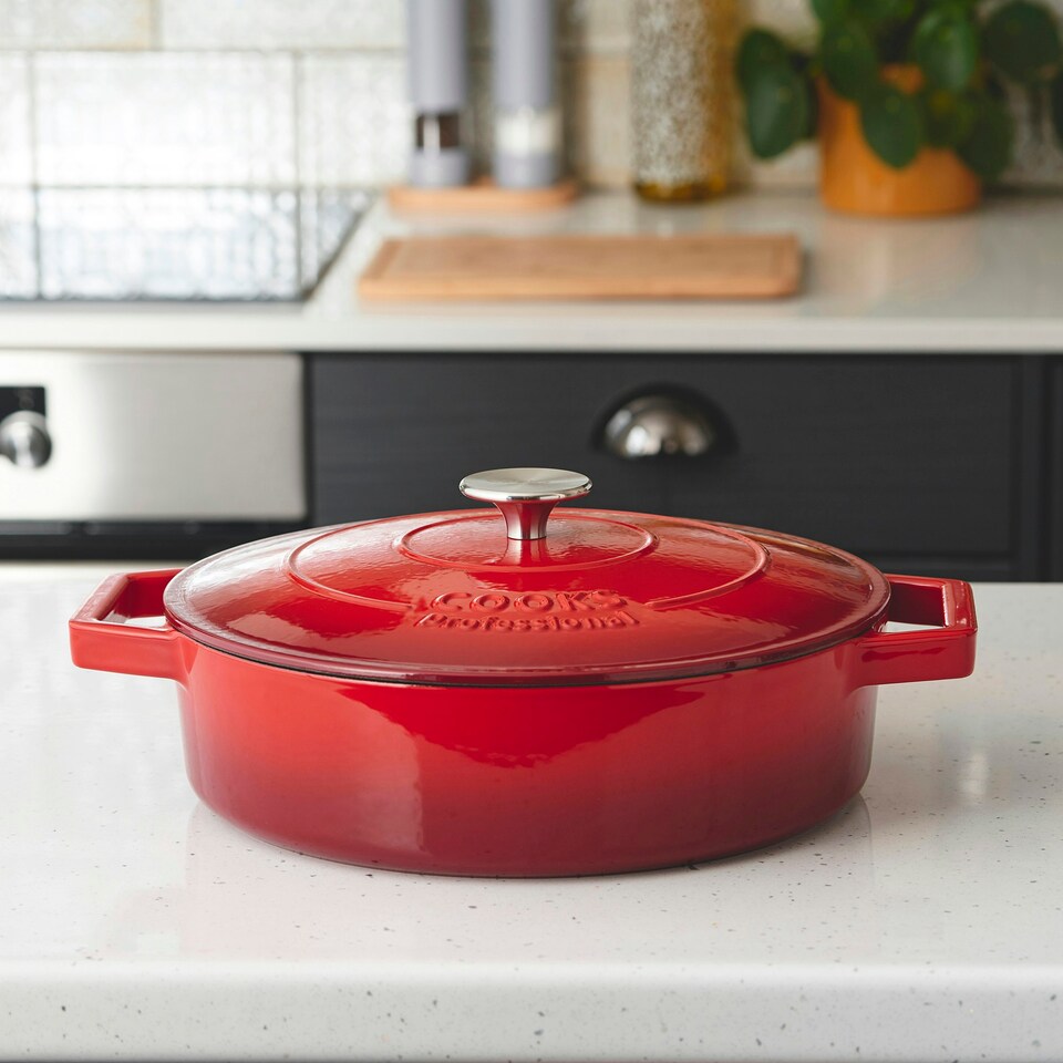 image 1 of Cooks Professional Cast Iron Casserole 28cm Shallow | 4.3L Capacity | Enamelled Inside & Out | Graduated Red